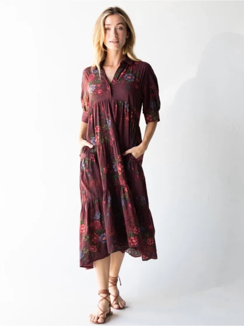Natural Life Rebecca Burgundy Floral Tiered Boho Maxi Dress Size Small - Picture 9 of 9
